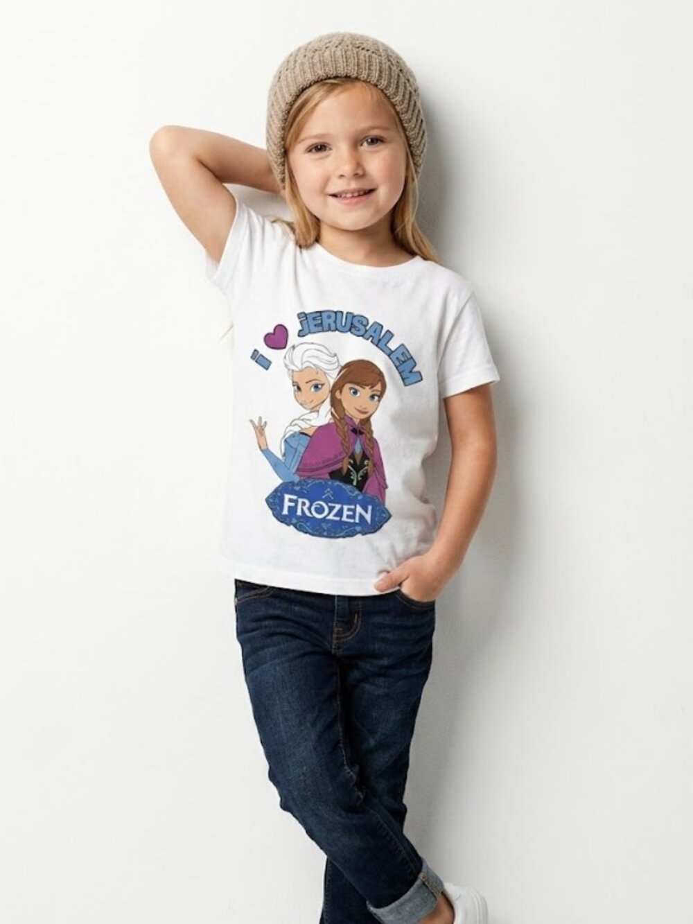 Perfect Fashion Anna Elsa I Love Jerusalem Graphic Tee Short Sleeve White Blue 6